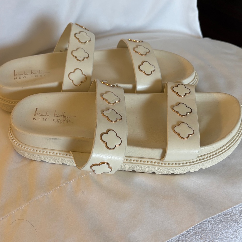 Nicole Miller ivory Slide Sandals with Gold Floral Detail - Picture 5 of 6